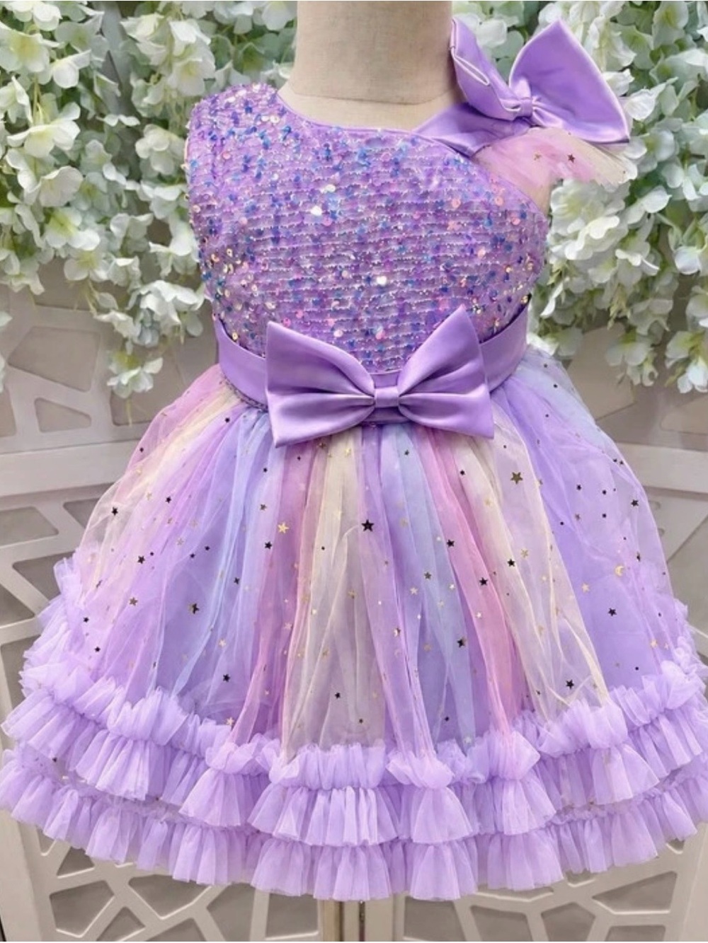 Lilac Sequin Tulle Bow Girls Formal Dress